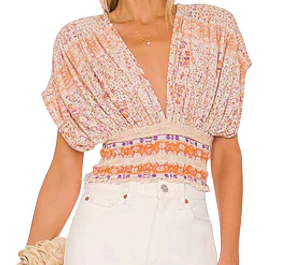 Free People Revolve Next Vacation Crop Top SIZE LARGE Open Tie Back Boho Smocked